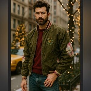 Mureli Italy green silk bomber jacket golf embroidered crest plaid RARE fall L